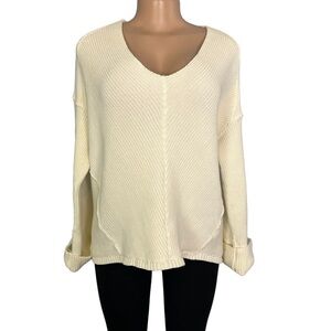 Free People White Ribbed Oversized Bohemian Pullover Sweater